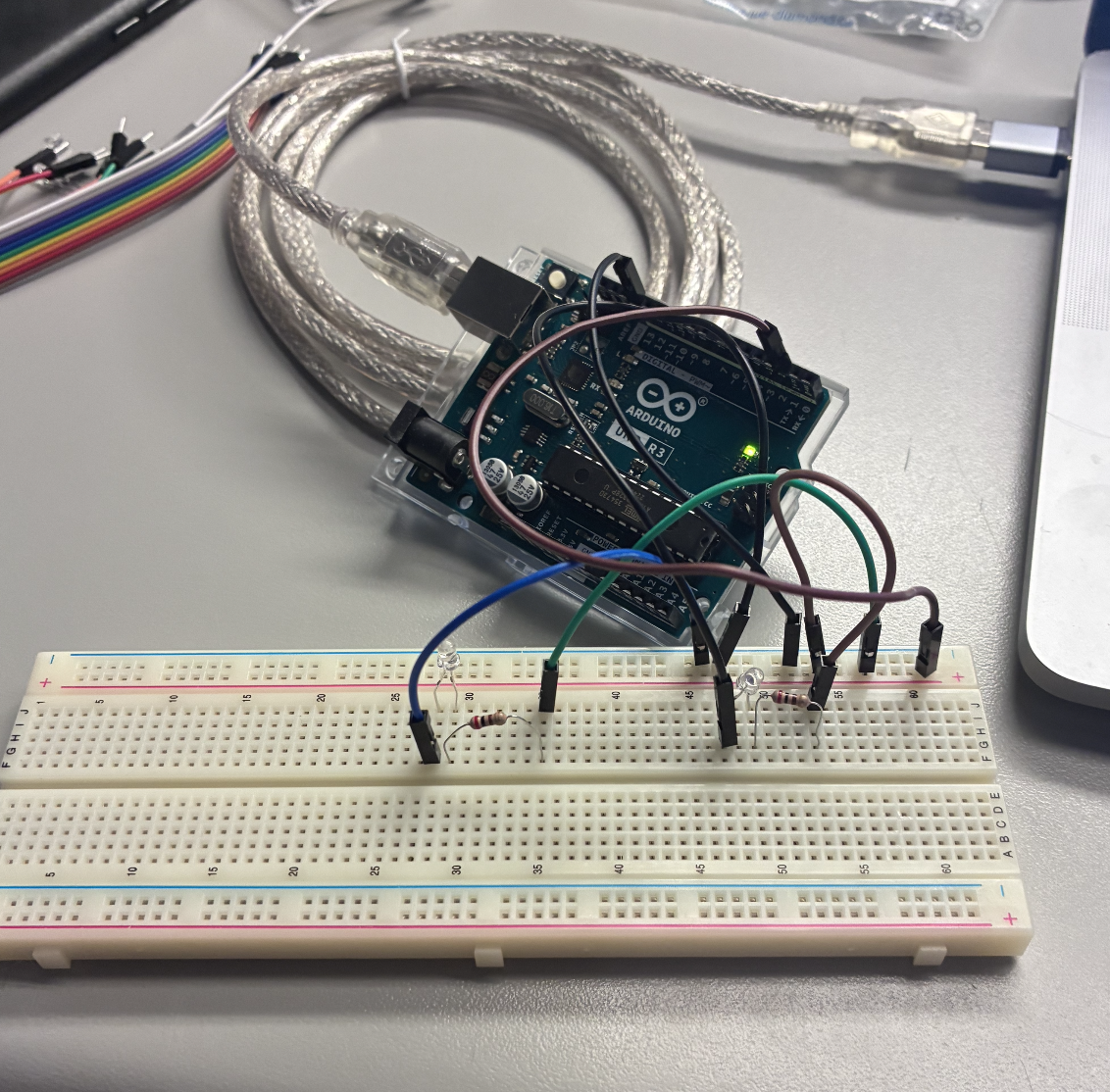 Two LEDs, each with their own resistor and shared ground, shimmer in a multi-wire setup.