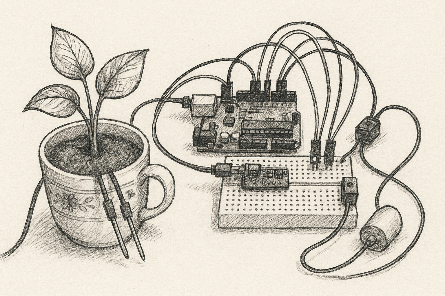 A simple Arduino setup senses soil moisture and activates a water pump when the plant is too dry.