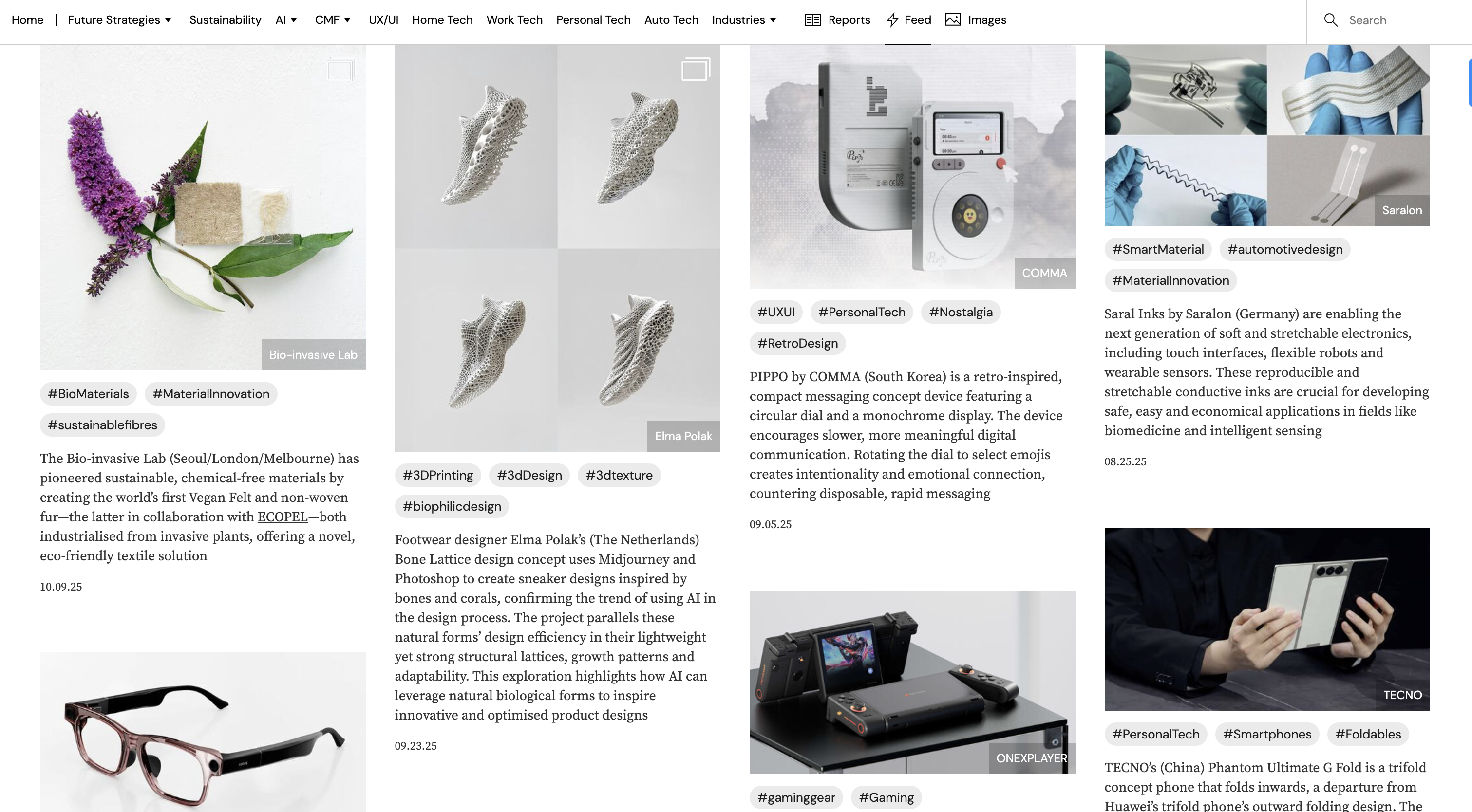 Personal tech spans biomaterials, 3D printing, retro design, material innovation, gaming gear, smart glasses, and AI.