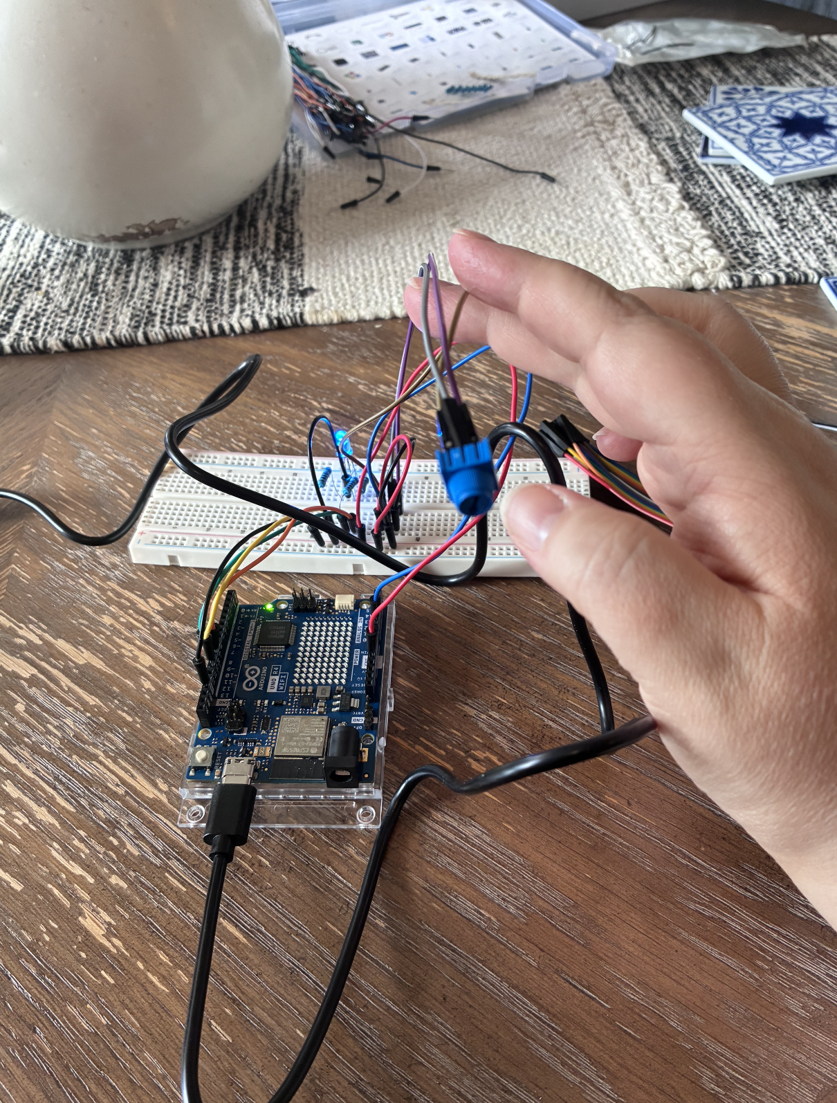 Image showing extended male–female jumper wires to position the potentiometer off the breadboard for flexible placement in a future enclosure.